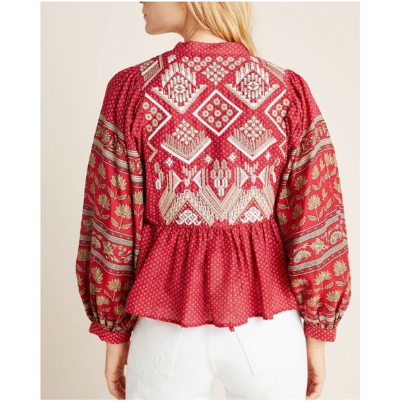 Anthropologie Keira Embroidered Peplum Blouse Size 2 - Picture 2 of 13